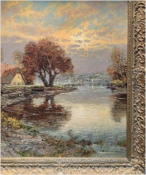 Malarstwo szpachlowe! Zachód słońca nad brzegiem rzeki - Christian Stemmeler *1928 