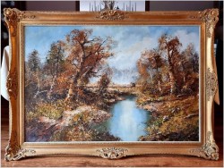 Duży jesienny pejzaż! Rozlewisko leśne w technice szpachlowej (140cm/100cm)