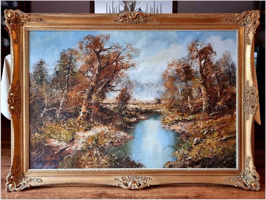 Duży jesienny pejzaż! Rozlewisko leśne w technice szpachlowej (140cm/100cm)