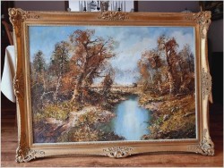 Duży jesienny pejzaż! Rozlewisko leśne w technice szpachlowej (140cm/100cm)