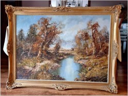 Duży jesienny pejzaż! Rozlewisko leśne w technice szpachlowej (140cm/100cm)