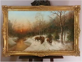 Polecamy! Zimowy Duży Pejzaż z Dzikami - Lothar Klein (*1911 Düsseldorf)