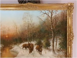 Zimowy Duży Pejzaż z Dzikami - Lothar Klein (*1911 Düsseldorf)