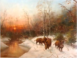 Zimowy Duży Pejzaż z Dzikami - Lothar Klein (*1911 Düsseldorf)