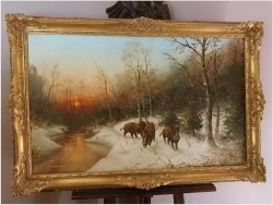 Zimowy Duży Pejzaż z Dzikami - Lothar Klein (*1911 Düsseldorf)