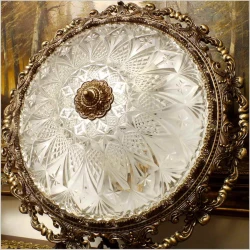 POLECAMY! WYJĄTKOWY PAŁACOWY DUŻY  MOSIĘŻNY PLAFON Z KRYSZTAŁOWYM SZKŁEM NA TRZY ŻARÓWKI 50 CM