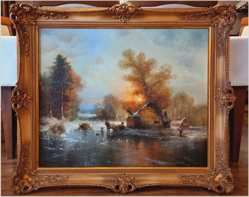 Klimatyczny zimowy pejzaż ze sztafażem! Hamid MEHRNIA (ur. 1942 w Tabriz / Iran)