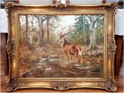 Dostojny Jeleń w leśnym strumieniu - oryg. Georg Majewicz (1897-1965)