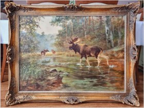 Obraz dla myśliwego! Przeprawa łosi przez mokradła - oryg. Georg Majewicz 1897-1965 
