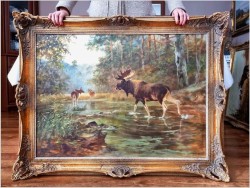 Obraz dla myśliwego! Przeprawa łosi przez mokradła - oryg. Georg Majewicz 1897-1965 