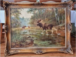 Obraz dla myśliwego! Przeprawa łosi przez mokradła - oryg. Georg Majewicz 1897-1965 