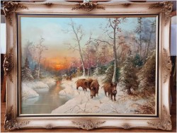 Rarytas! Zimowy pejzaż z dzikami - W.v.Kamp (120cm X 90cm)