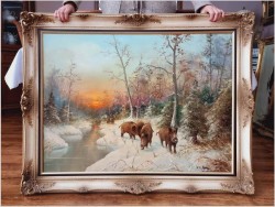 Rarytas! Zimowy pejzaż z dzikami - W.v.Kamp (120cm X 90cm)