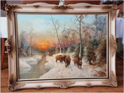 Rarytas! Zimowy pejzaż z dzikami - W.v.Kamp (120cm X 90cm)