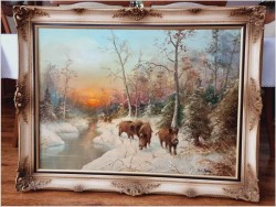 Rarytas! Zimowy pejzaż z dzikami - W.v.Kamp (120cm X 90cm)