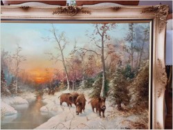 Rarytas! Zimowy pejzaż z dzikami - W.v.Kamp (120cm X 90cm)