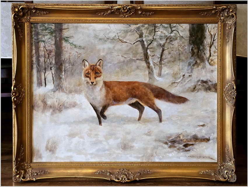 Malarstwo myśliwskie! Lis w zimowej scenerii - oryg. Georg Majewicz (1897-1965)