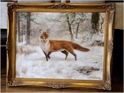 Malarstwo myśliwskie! Lis w zimowej scenerii - oryg. Georg Majewicz (1897-1965)