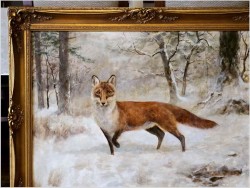 Malarstwo myśliwskie! Lis w zimowej scenerii - oryg. Georg Majewicz (1897-1965)