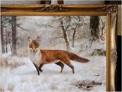Malarstwo myśliwskie! Lis w zimowej scenerii - oryg. Georg Majewicz (1897-1965)