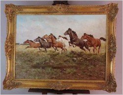 Malarstwo aukcyjne! Pędzące konie - George Majewicz (1897-1965) Rozmiar XXL!