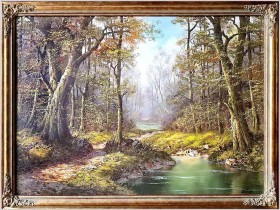 Perfekcyjny duży obraz olejny! Leśny strumień -  sygn.Dürt (Germany XXw.)