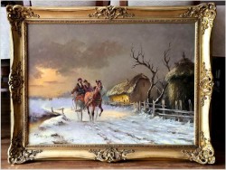 Konna przejażdżka w zimowej scenerii - obraz olejny Michael Borbely *1923 