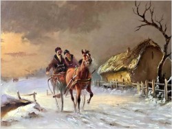 Konna przejażdżka w zimowej scenerii - obraz olejny Michael Borbely *1923 