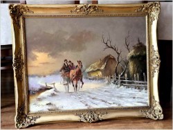 Konna przejażdżka w zimowej scenerii - obraz olejny Michael Borbely *1923 