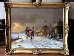 Konna przejażdżka w zimowej scenerii - obraz olejny Michael Borbely *1923 