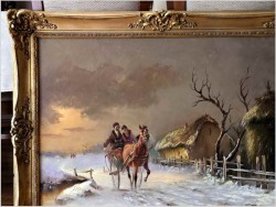Konna przejażdżka w zimowej scenerii - obraz olejny Michael Borbely *1923 
