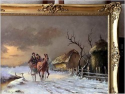 Konna przejażdżka w zimowej scenerii - obraz olejny Michael Borbely *1923 