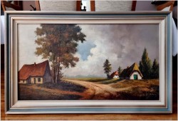 Promocja! Duża panorama olejna - Droga przez wioskę / Belgia XXw. (138cm x 78cm)