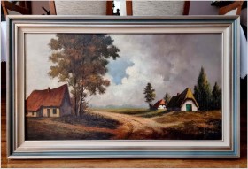 Promocja! Duża panorama olejna - Droga przez wioskę / Belgia XXw. (138cm x 78cm)