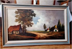 Promocja! Duża panorama olejna - Droga przez wioskę / Belgia XXw. (138cm x 78cm)