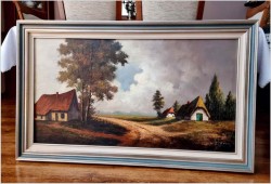 Promocja! Duża panorama olejna - Droga przez wioskę / Belgia XXw. (138cm x 78cm)