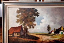 Promocja! Duża panorama olejna - Droga przez wioskę / Belgia XXw. (138cm x 78cm)