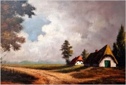 Promocja! Duża panorama olejna - Droga przez wioskę / Belgia XXw. (138cm x 78cm)