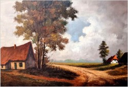 Promocja! Duża panorama olejna - Droga przez wioskę / Belgia XXw. (138cm x 78cm)