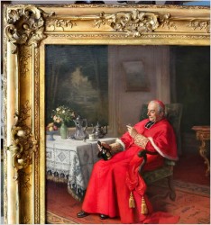 Malarstwo francuskie! Kardynał z buteleczką Whisky - Jules Benoit-Lévy (French 1866-1952)