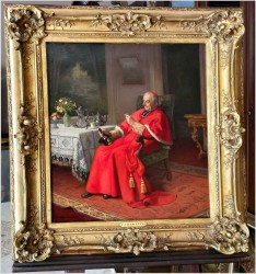 Malarstwo francuskie! Kardynał z buteleczką Whisky - Jules Benoit-Lévy (French 1866-1952)