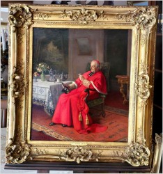 Malarstwo francuskie! Kardynał z buteleczką Whisky - Jules Benoit-Lévy (French 1866-1952)