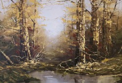 Duży obraz w technice szpachlowej! Tajemniczy las - Gustav Viber (Germany XXw.) 140cm x 80cm