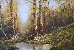 Duży obraz w technice szpachlowej! Tajemniczy las - Gustav Viber (Germany XXw.) 140cm x 80cm