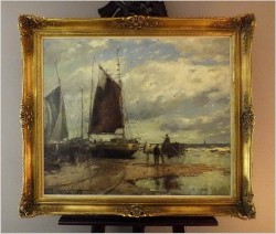 OBRAZ MARYNISTYCZNY! KUTRY PRZY BRZEGU, ROZŁADUNEK KRABÓW  - KARL MOHR (DÜSSELDORF 1922-2013)