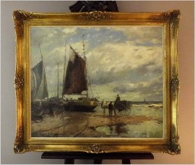 OBRAZ MARYNISTYCZNY! KUTRY PRZY BRZEGU, ROZŁADUNEK KRABÓW  - KARL MOHR (DÜSSELDORF 1922-2013)