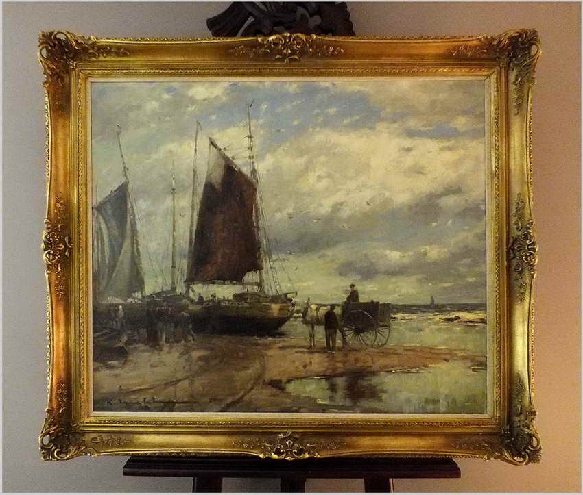 OBRAZ MARYNISTYCZNY! KUTRY PRZY BRZEGU, ROZŁADUNEK KRABÓW  - KARL MOHR (DÜSSELDORF 1922-2013)