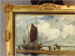 RARYTAS AUKCYJNY! KUTRY PRZY BRZEGU, ROZŁADUNEK KRABÓW - KARL MOHR (DÜSSELDORF 1922-2013)