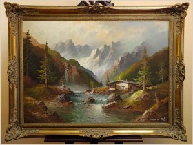 WYJĄTKOWY OBRAZ! WODOSPADY W PITZTAL Z WIDOKIEM NA WILDGRAT - GUSTAW WEISS/GUWE (120cmx90cm)