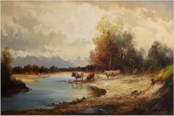 Polecamy! Wyjątkowy pejzaż z krowami ~ Helmut Stadelhofer (1914- 1979)